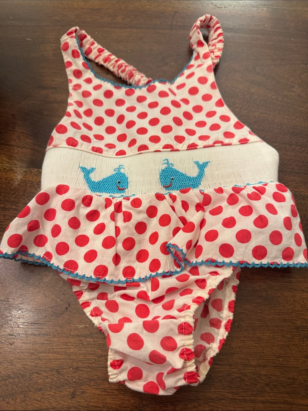 Polka Dot Swim One-Piece with Whale Embroidery - Pink/Red